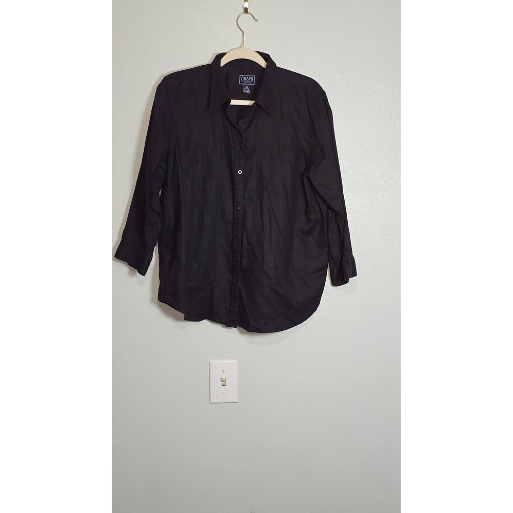 Chaps Classics Womens XL Black 100% Linen Button Down 3/4 Sleeve Shirt Logo